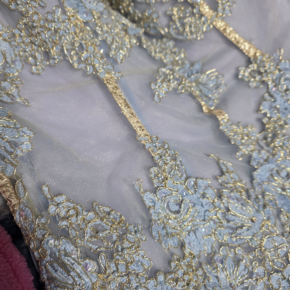 Jovani Gold and Blue Lace Prom Dress